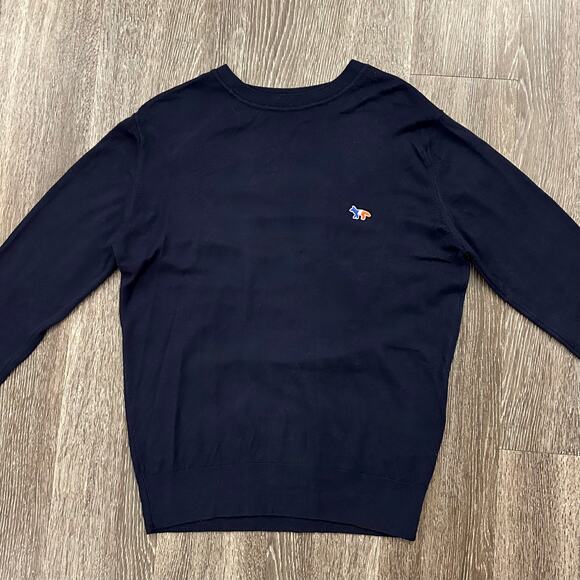 Maison Kitsuné Virgin Wool Tricolor Fox Patch Crewneck Sweater Knitwear Navy EUC - Picture 3 of 12